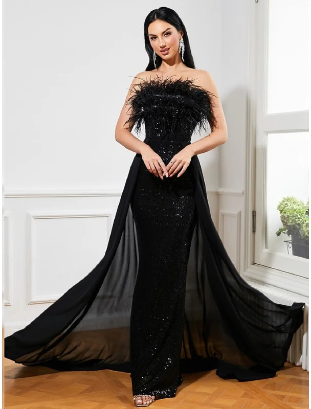 Flowy-Chiffon Evening Dress -A-Line Evening Gown Sparkle & Shine Dress Formal Fall Sweep / Brush Train Sleeveless Strapless Sequined with Feather Glitter