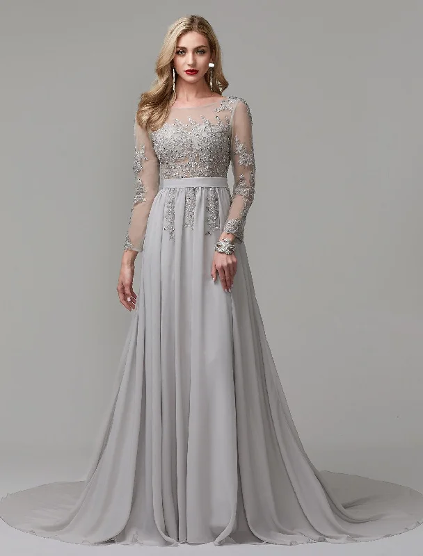 Day-Fun Evening Dress -A-Line Luxurious Engagement Formal Evening Dress Illusion Neck V Back Low Back Long Sleeve Chapel Train Chiffon with Sequin Appliques / Illusion Sleeve