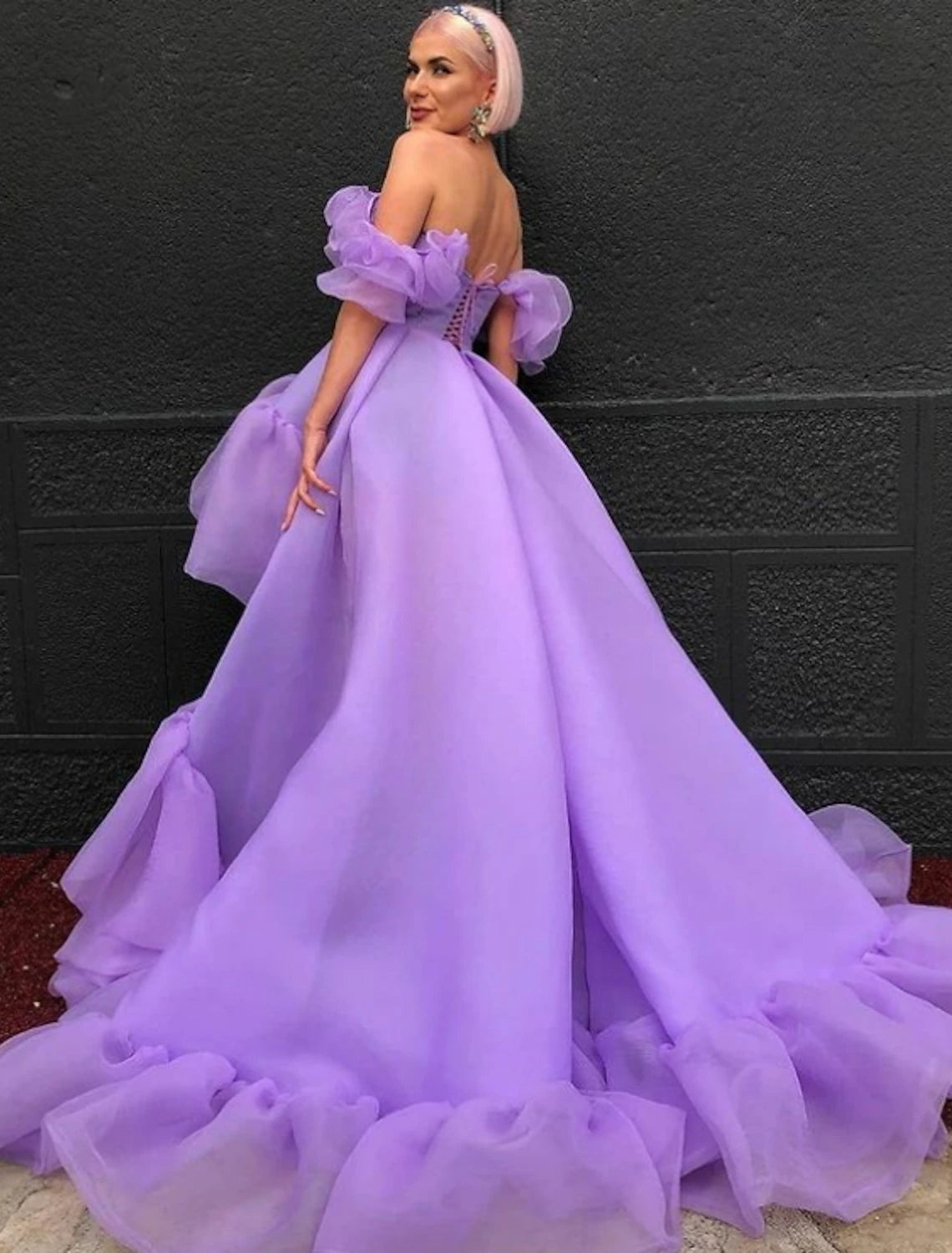 Swing-Back Evening Dress -A-Line Prom Dresses High Low Dress Quinceanera Asymmetrical Purple Short Sleeve Off Shoulder Tulle with Tier