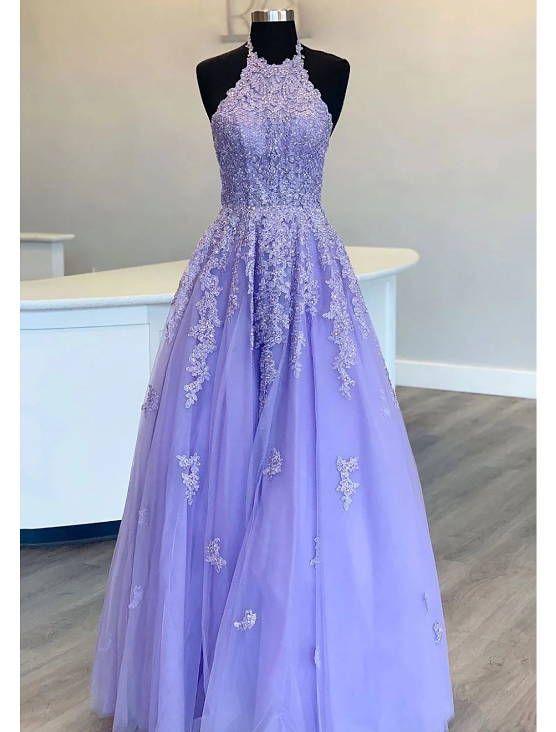 Textured-Cotton Evening Dress -A-Line Prom Dresses Open Back Dress Formal Prom Floor Length Sleeveless High Neck Tulle Backless with Pleats Beading Appliques