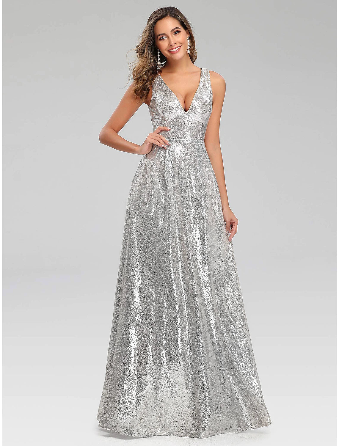 Light-Silk Evening Dress -A-Line Prom Dresses Sparkle Dress Wedding Guest Engagement Floor Length Sleeveless V Neck Polyester V Back with SequinA-Line Prom Dresses Sparkle Dress Wedding Guest Engagement Floor Length Sleeveless V Neck Polyester V Back with Sequin