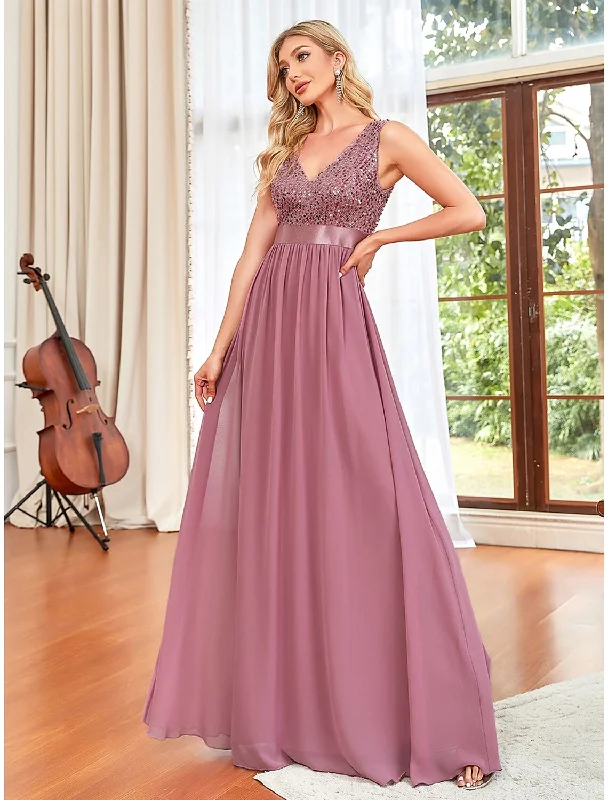 Rich-Velvet Evening Dress -A-Line Prom Dresses Sparkle & Shine Dress Wedding Guest Prom Floor Length Sleeveless V Neck Chiffon V Back with Draping Pure Color