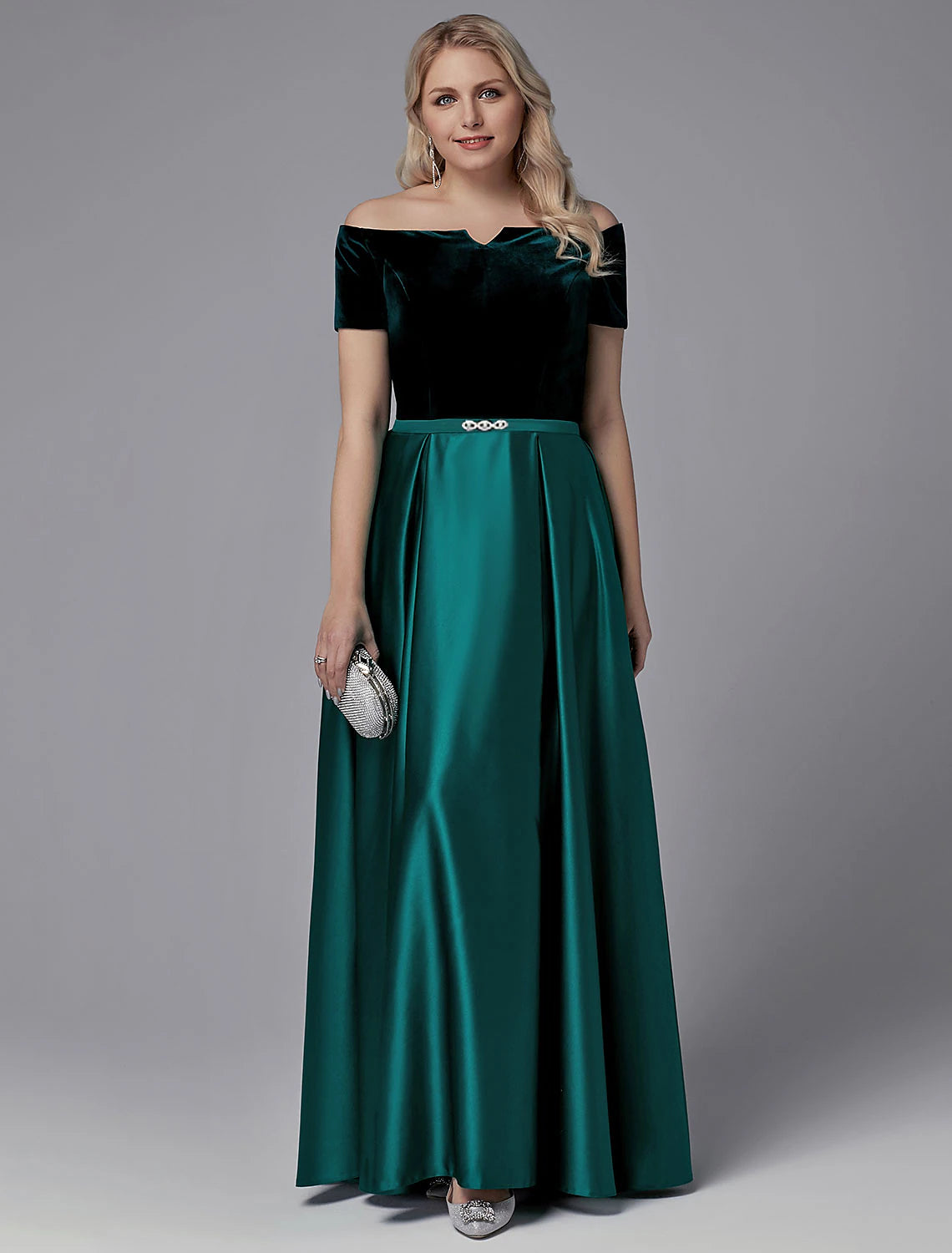 Cutout Evening Dress for Edge -A-Line Special Occasion Dresses Elegant Dress Wedding Guest Formal Evening Floor Length Short Sleeve Off Shoulder Satin with Crystals