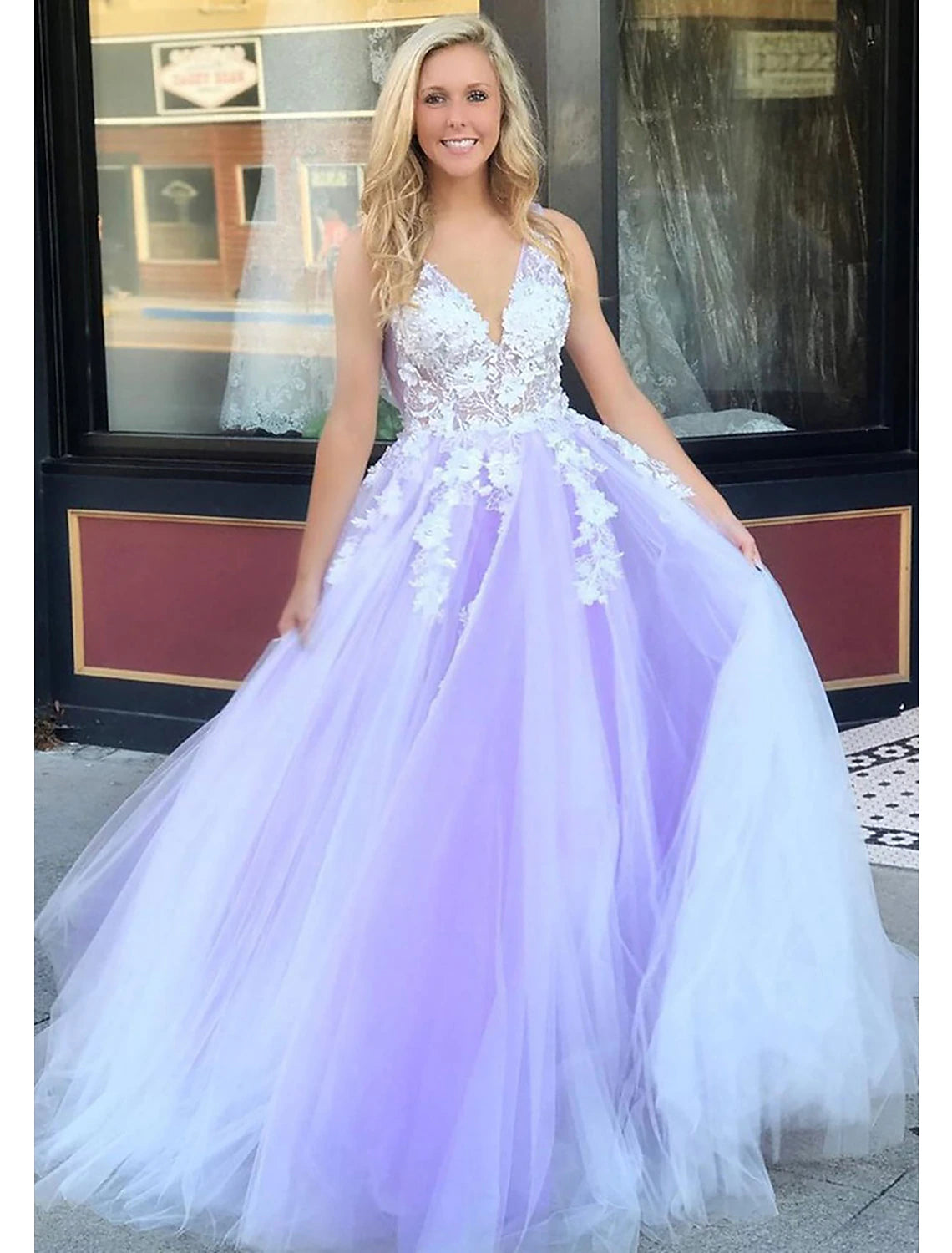 Beach-Picnic Evening Dress -Ball Gown A-Line Prom Dresses Color Block Dress Formal Prom Floor Length Sleeveless V Neck Tulle Backless V Back with Beading Appliques