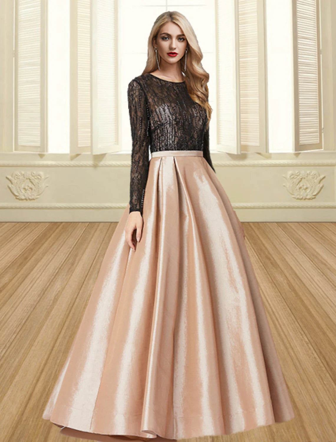 Polka-Dotted Evening Dress -Ball Gown Evening Gown Color Block Dress Engagement Formal Evening Floor Length Long Sleeve Jewel Neck Satin with Pleats