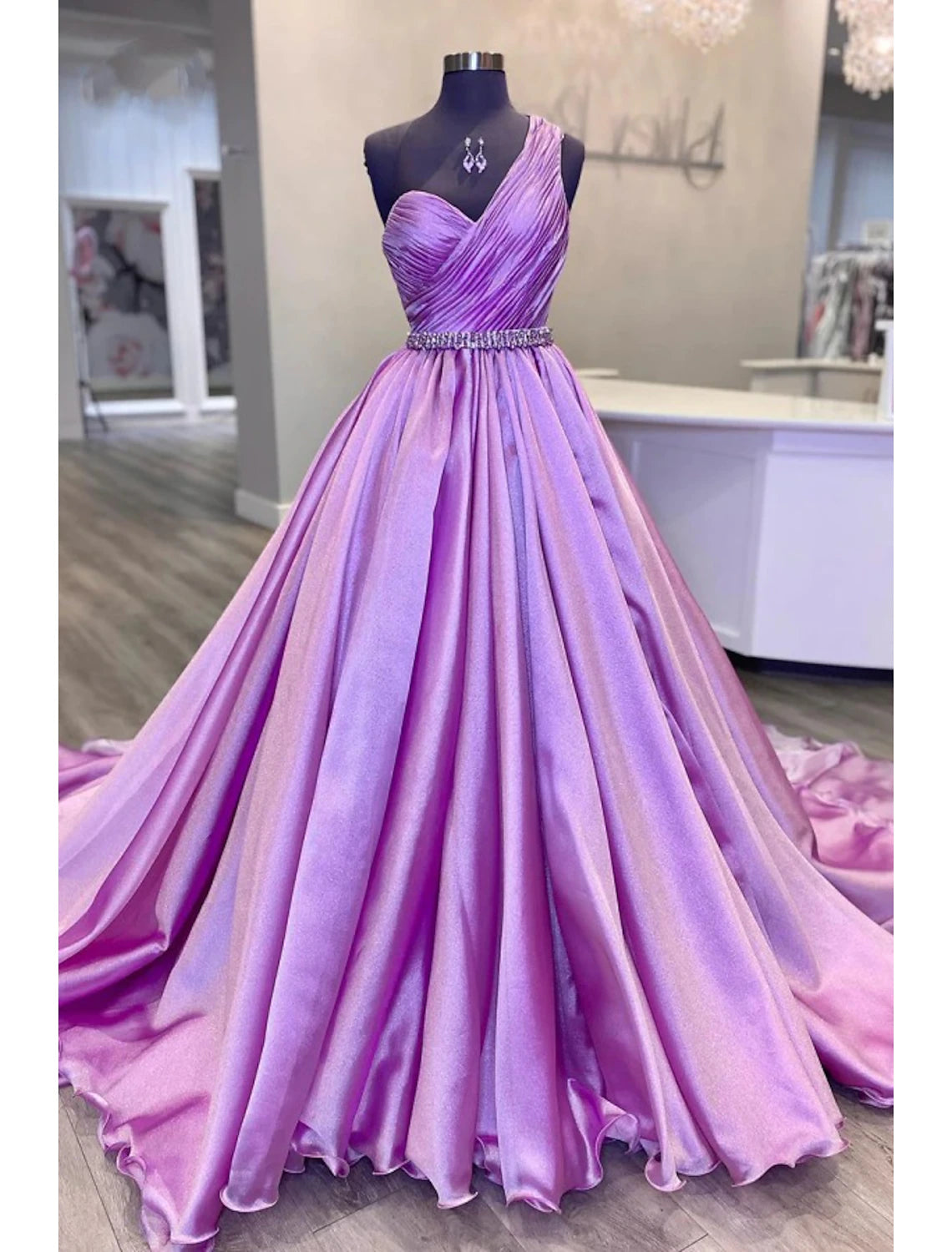 Cutout-Back Evening Dress -Ball Gown Evening Gown Luxurious Dress Wedding Party Court Train Sleeveless One Shoulder Belt / Sash Charmeuse with Ruched Crystals