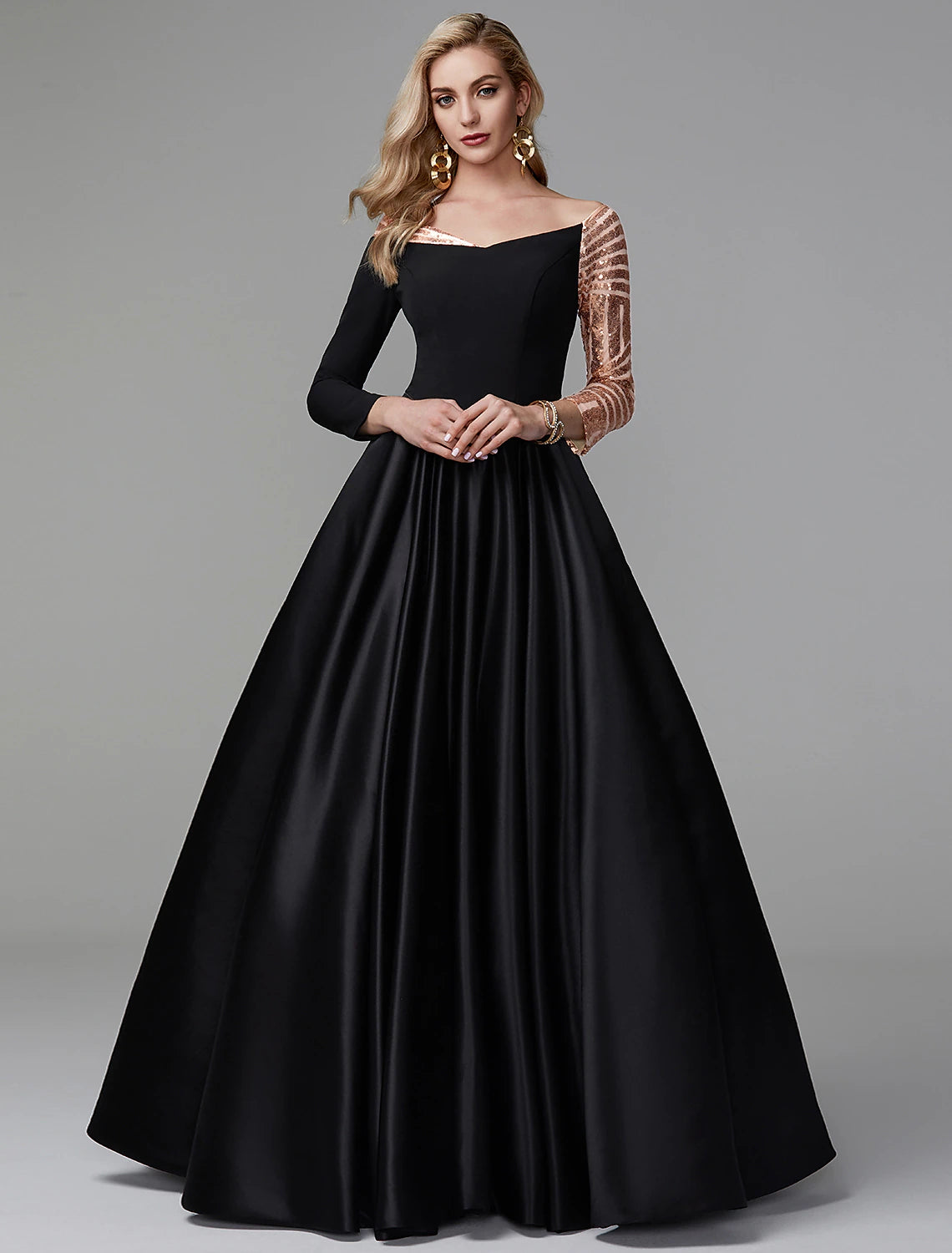 Gala Dinner Evening Dress -Ball Gown Vintage Dress Quinceanera Formal Evening Floor Length Long Sleeve Off Shoulder Satin with Sequin