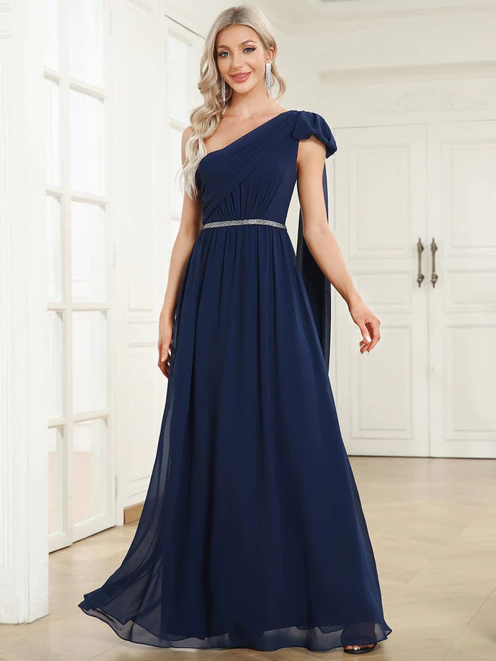 Scalloped Evening Dress -Chiffon One Shoulder Asymmetrical Embellished Waist Multiway Evening Dress