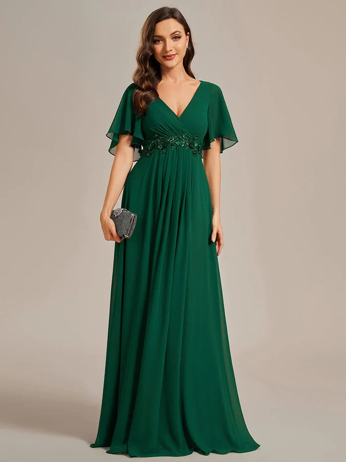 Summer Evening Dress -Elegant Chiffon Applique Evening Dress with Flutter Sleeves