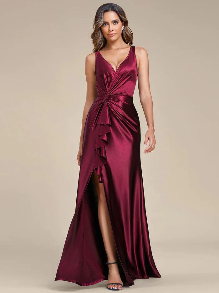 Puff-Sleeve Evening Dress -Elegant V Neck Pleated High Slit Satin Evening Dress