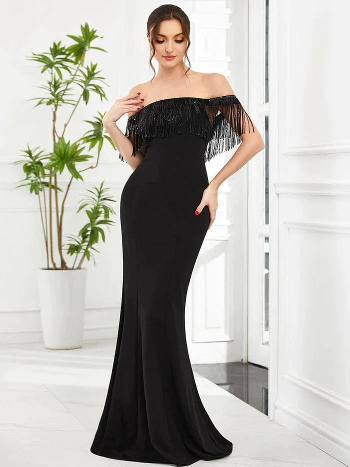 Minimalist Evening Dress -Fringe Off-Shoulder Beaded Bodycon Fishtail Evening Dress