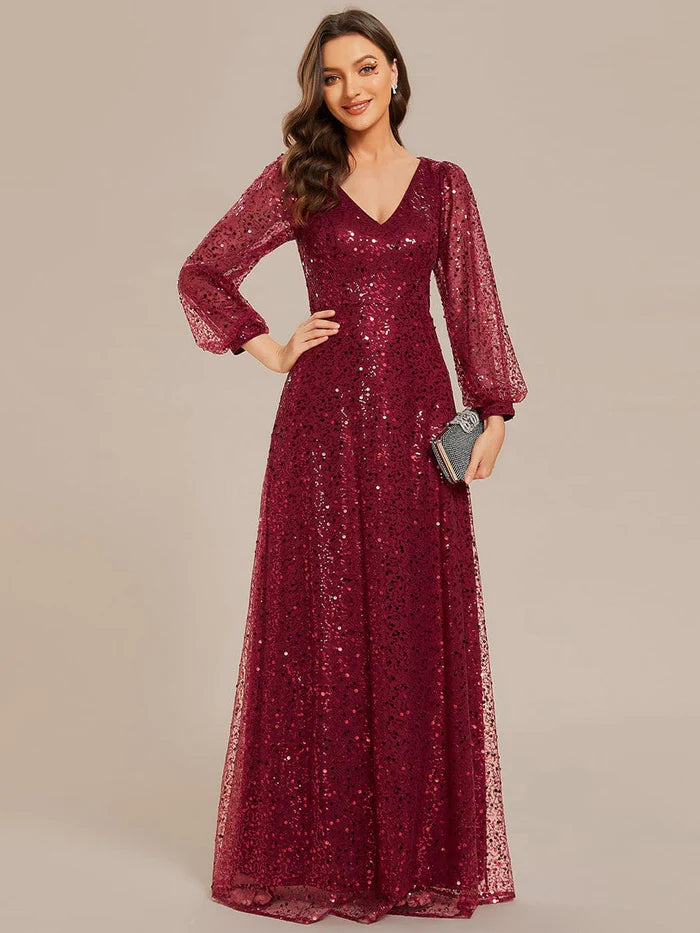 Formal Evening Dress for Dinners -Koutun V-Neck Lantern Long Sleeve Sequin A-Line Evening Dress