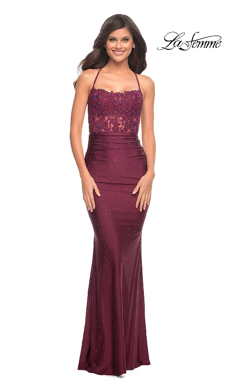 Night-Edge Evening Dress -Open-Back Sheer-Waist Long La Femme Prom Dress