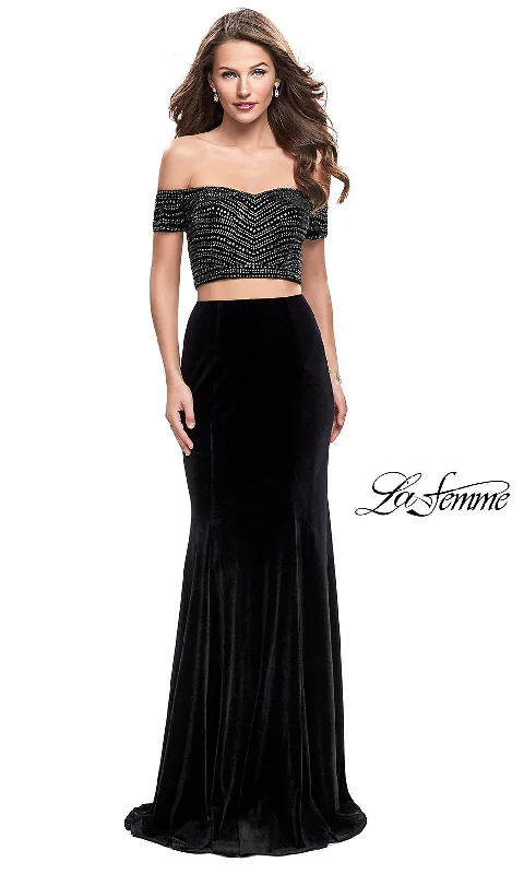 Spring Evening Dress -Long Two-Piece Off-the-Shoulder Velvet La Femme Prom Dress