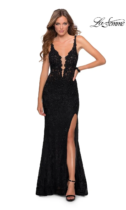 Patio-Chill Evening Dress -La Femme Cut-Out Back Long Lace Prom Dress