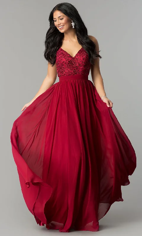 Asymmetrical Evening Dress -A-Line Long Chiffon Prom Dress with Embroidered Lace