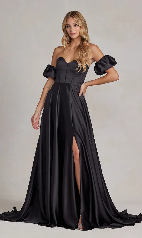 Lake-Chill Evening Dress -Puff Sleeve Corset Strapless Long Prom Dress K1122