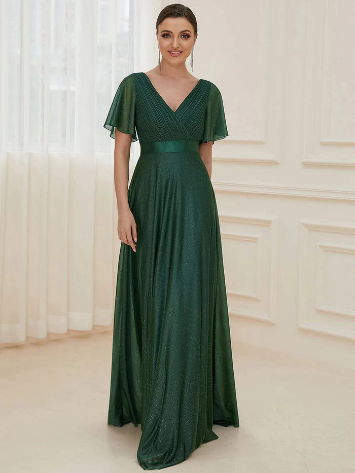 Textured Evening Dress -Long Shimmery Flutter Sleeve Pleated V-Neck Evening Dress