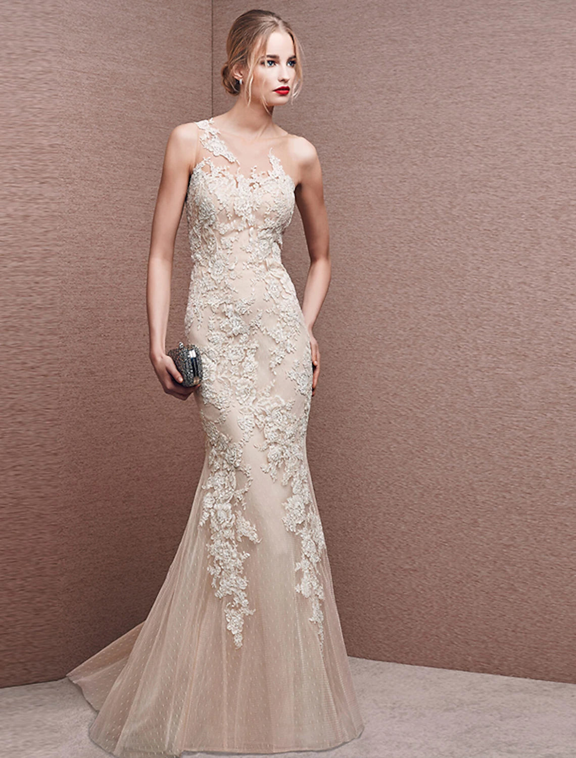 Puff-Sleeve Evening Dress -Mermaid / Trumpet Beautiful Back White Engagement Formal Evening Dress Illusion Neck Sleeveless Floor Length Lace with Appliques