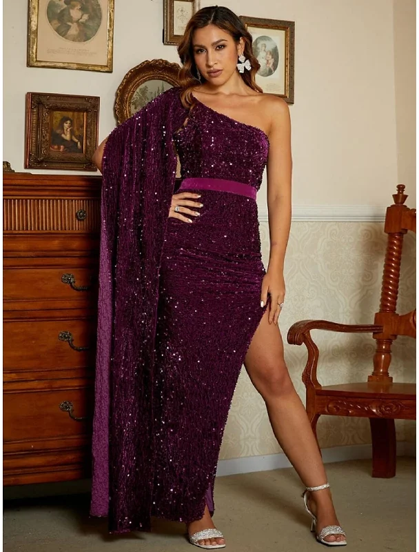 Luxe Evening Dress -Mermaid / Trumpet Evening Gown Elegant Dress Formal Ankle Length Sleeveless One Shoulder Sequined with Glitter Slit