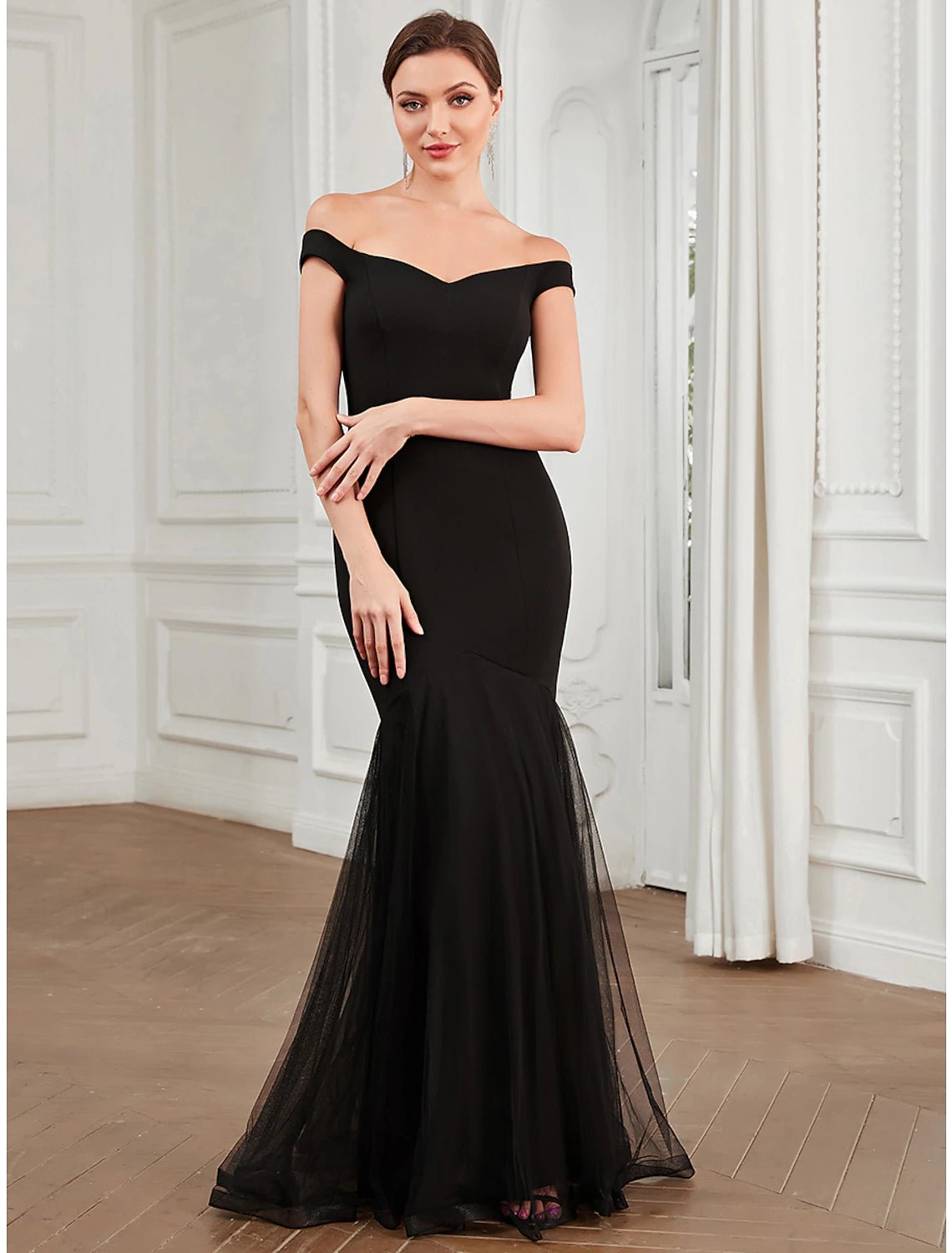 Curved-Edge Evening Dress -Mermaid / Trumpet Evening Gown Elegant Dress Party Wear Wedding Guest Floor Length Sleeveless Off Shoulder Polyester with Pleats