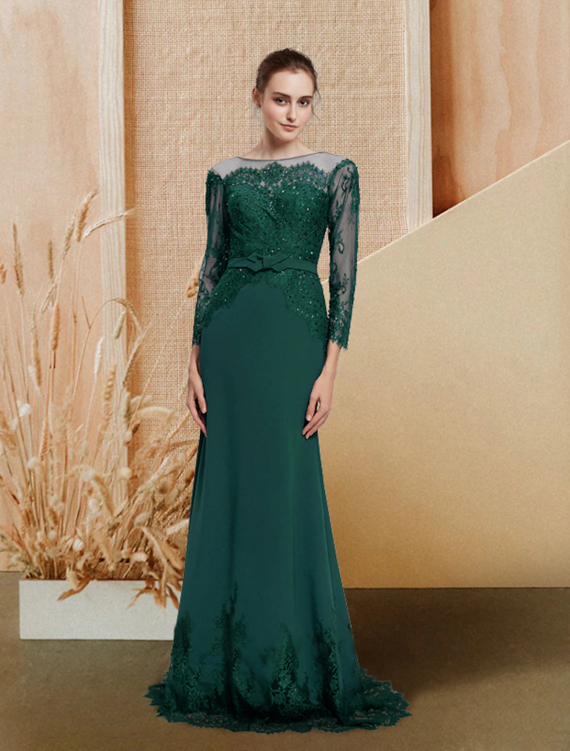 Warm-Silk Evening Dress -Mermaid / Trumpet Evening Gown Luxurious Dress Wedding Guest Engagement Sweep / Brush Train Long Sleeve Jewel Neck Chiffon with Bow(s) Sequin Appliques