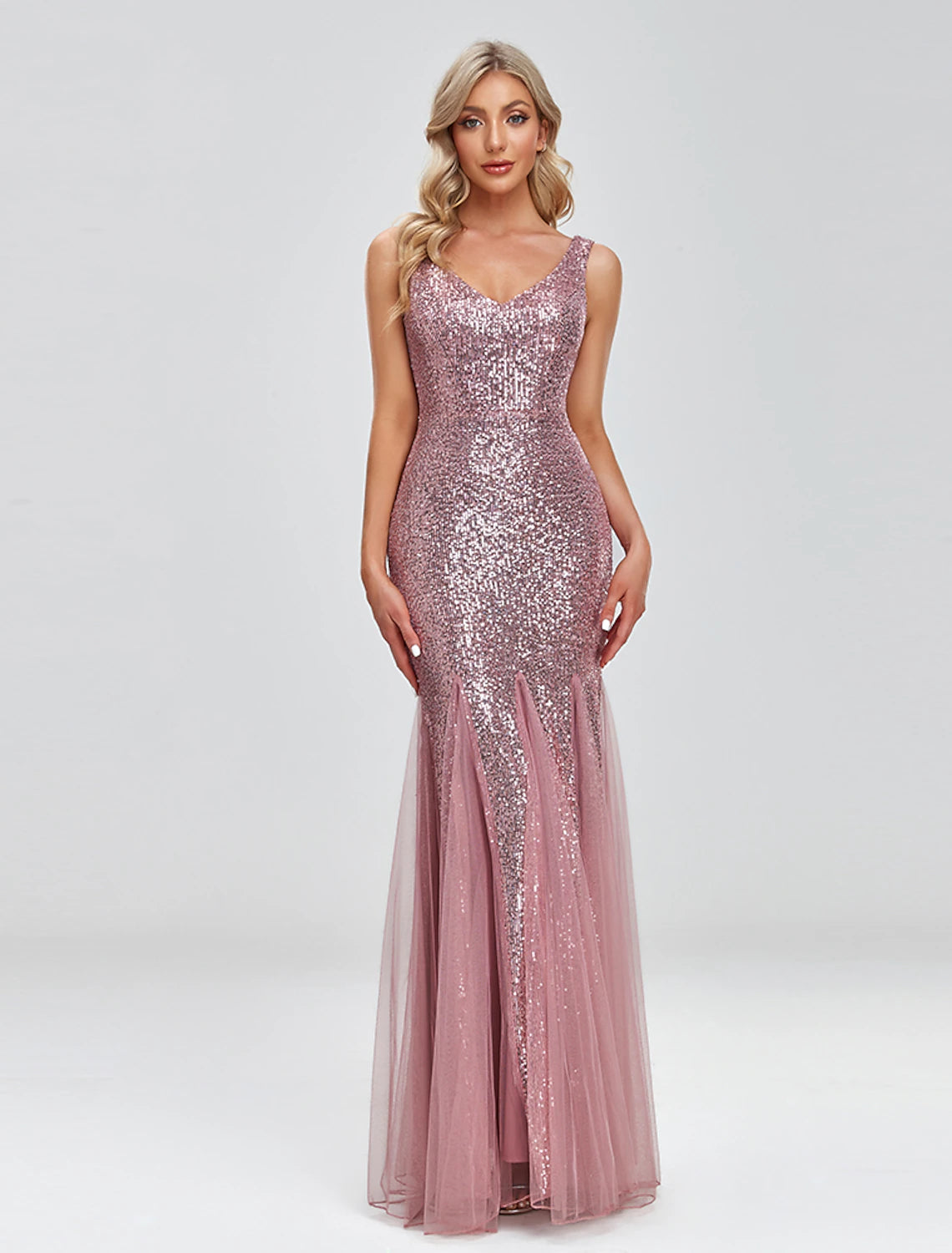 Button-Front Evening Dress -Mermaid / Trumpet Evening Gown Sparkle Dress Wedding Guest Formal Evening Floor Length Sleeveless V Neck Tulle V Back with Sequin Splicing