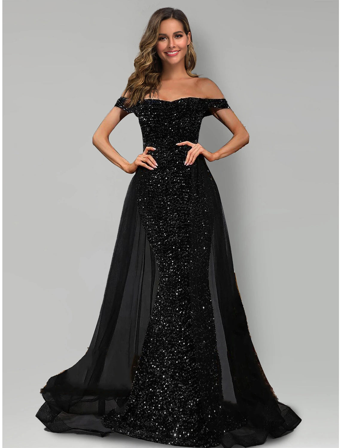 Pleated-Edge Evening Dress -Mermaid / Trumpet Evening Gown Sparkle & Shine Dress Formal Black Tie Sweep / Brush Train Sleeveless Off Shoulder Tulle with Sequin