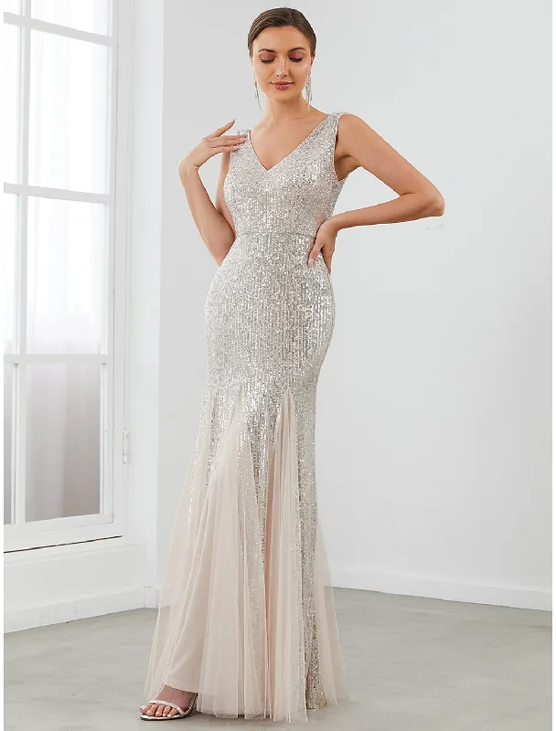 Cute-Hue Evening Dress -Mermaid / Trumpet Evening Gown Sparkle & Shine Dress Formal Evening Floor Length Sleeveless V Neck Sequined V Back with Sequin Pure Color