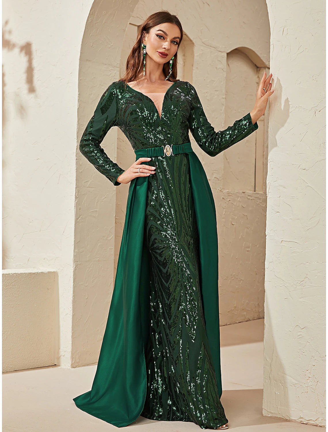 Wrap-Front Evening Dress -Mermaid / Trumpet Evening Gown Sparkle & Shine Dress Formal Wedding Sweep / Brush Train Long Sleeve V Neck Detachable Polyester with Sequin Overskirt