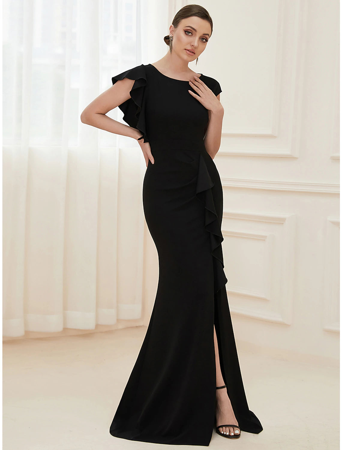 Wine-Date Evening Dress -Mermaid / Trumpet Evening Gown Vintage Dress Formal Wedding Guest Floor Length Short Sleeve Jewel Neck Nylon with Ruffles Slit