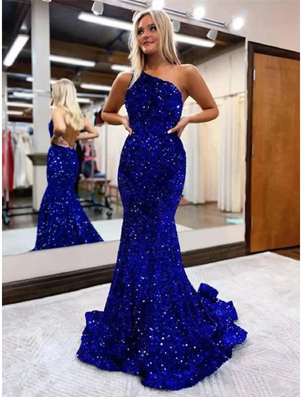 Side-Slit Evening Dress -Mermaid / Trumpet Prom Dresses Sparkle & Shine Dress Formal Prom Floor Length Sleeveless One Shoulder Sequined Backless with Sequin