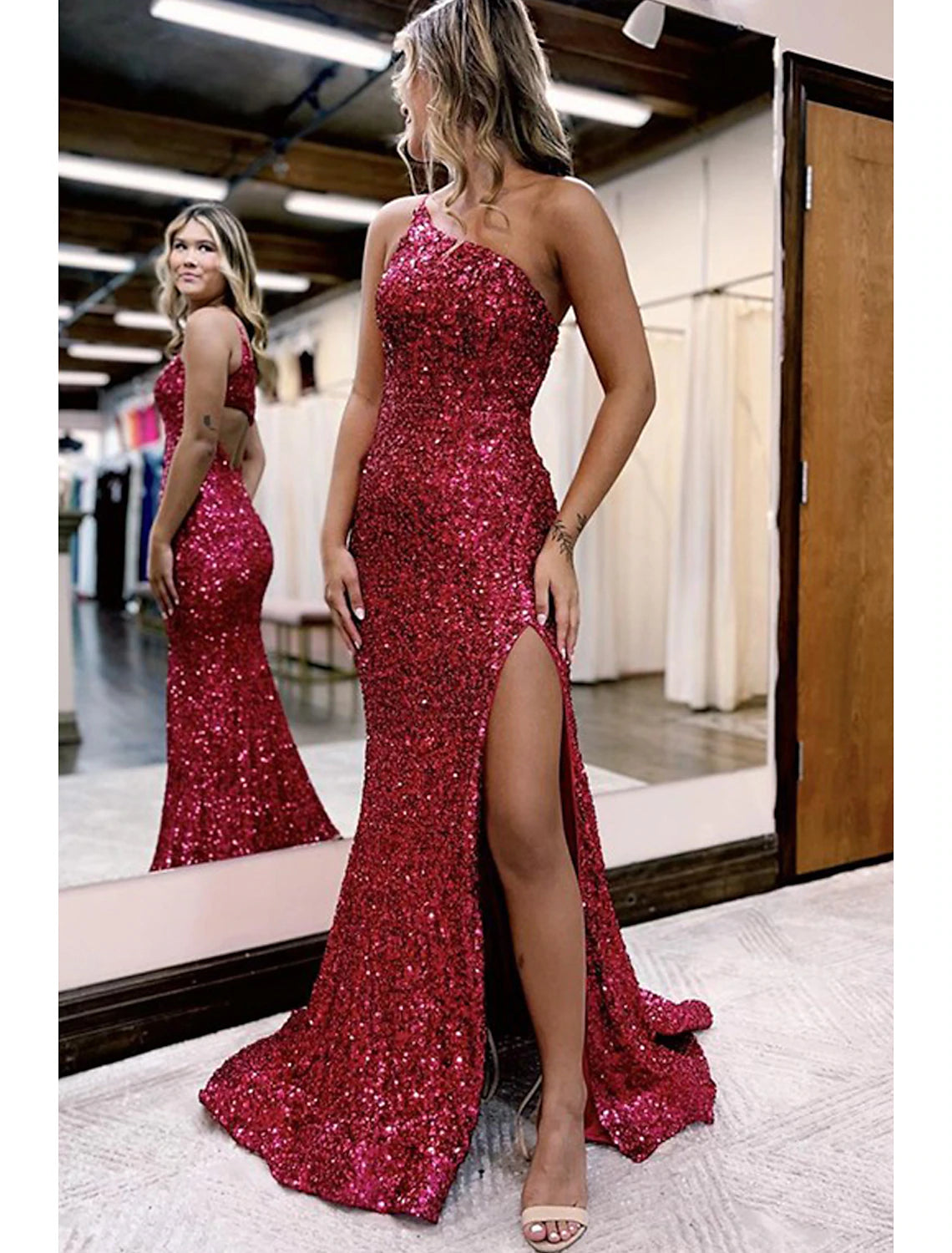 Night-Edge Evening Dress -Mermaid / Trumpet Prom Dresses Sparkle & Shine Dress Formal Wedding Party Court Train Sleeveless One Shoulder Sequined with Sequin Slit