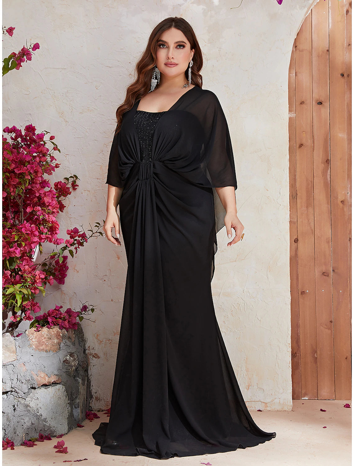 Formal Evening Dress for Dinners -Mermaid / Trumpet Wedding Guest Dresses Plus Size Dress Formal Evening Party Sweep / Brush Train Long Sleeve V Neck Polyester with Sequin Shawl