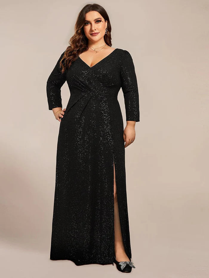 Graduation Evening Dress -Plus Size Long Sleeve V-Neck Glitter High Slit Evening Dress