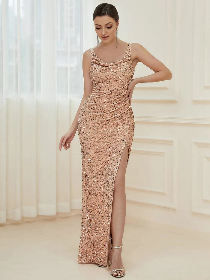 Shiny Evening Dress -Sequin Ruched Thigh High Slit Floor Length Evening Dress