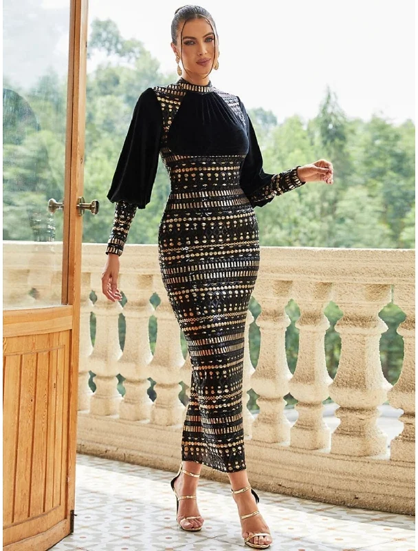 Lace Evening Dress -Sheath / Column Evening Gown Elegant Dress Formal Fall Ankle Length Long Sleeve High Neck Stretch Fabric with Sequin