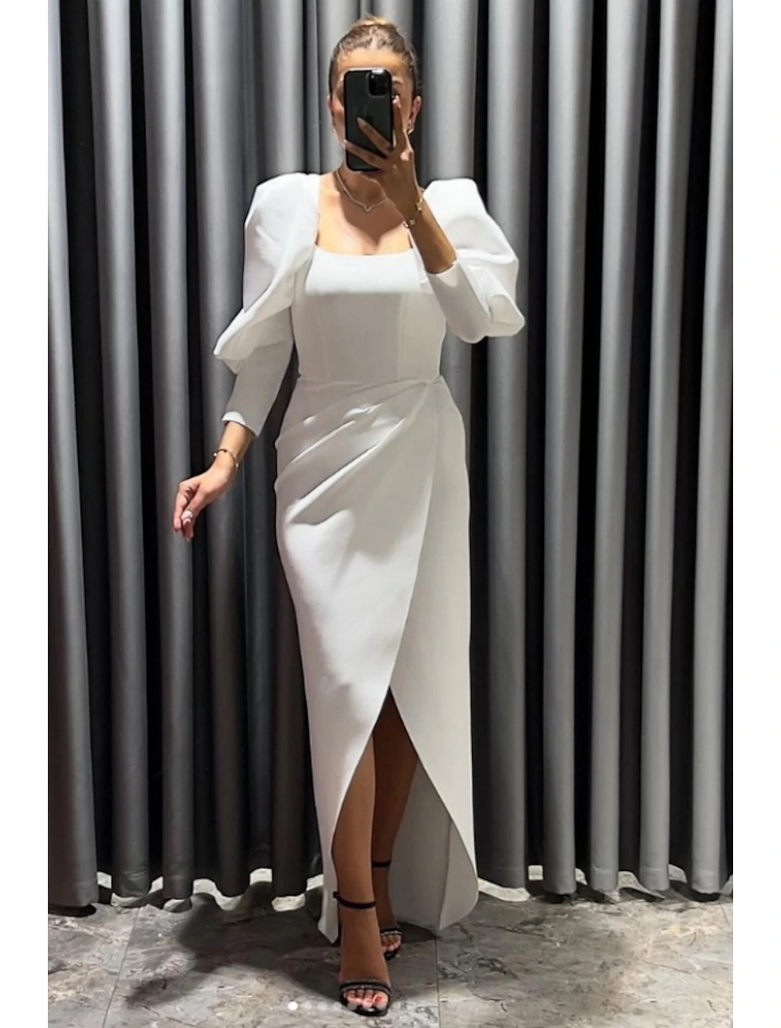 Chill-Party Evening Dress -Sheath / Column Evening Gown Elegant Dress Formal Fall Asymmetrical 3/4 Length Sleeve Square Neck Stretch Fabric with Ruched Slit