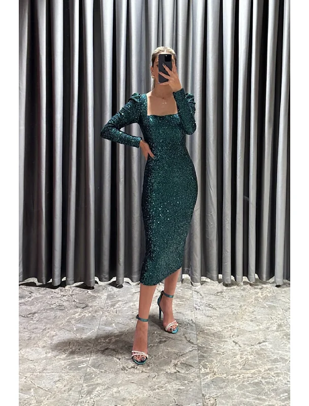 Cool-Cotton Evening Dress -Sheath / Column Evening Gown Elegant Dress Formal Fall Tea Length Long Sleeve Square Neck Sequined with Glitter Slit