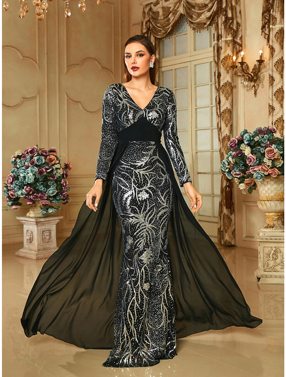 Sparkly Evening Dress -Sheath / Column Evening Gown Elegant Dress Formal Sweep / Brush Train Long Sleeve V Neck Sequined with Glitter Pleats