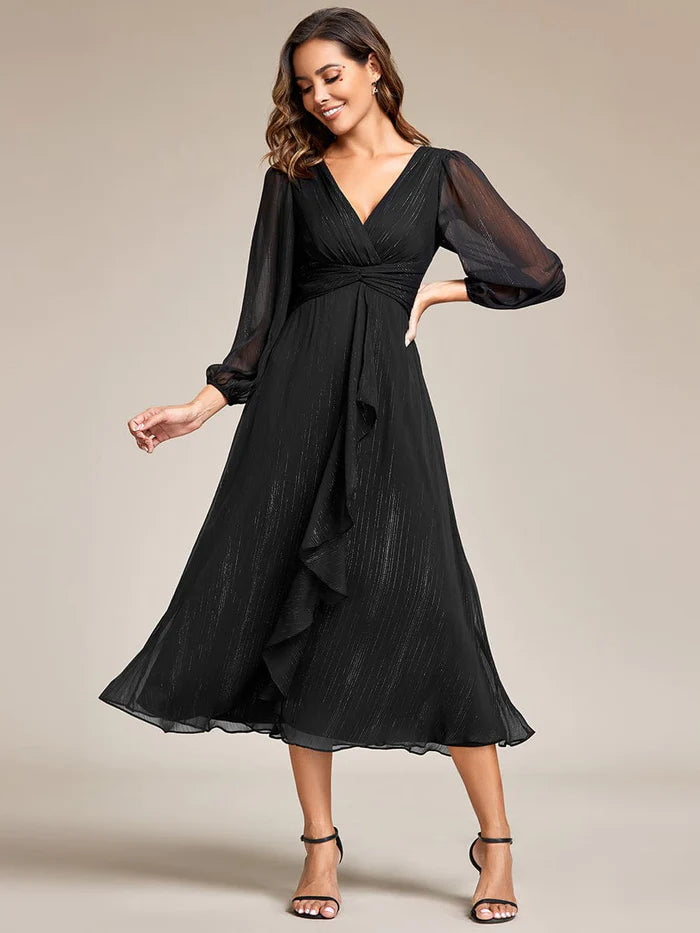 Square-Neck Evening Dress -Shimmering Long Sleeve V-Neck Chiffon Twist Knot A-Line Evening Dress