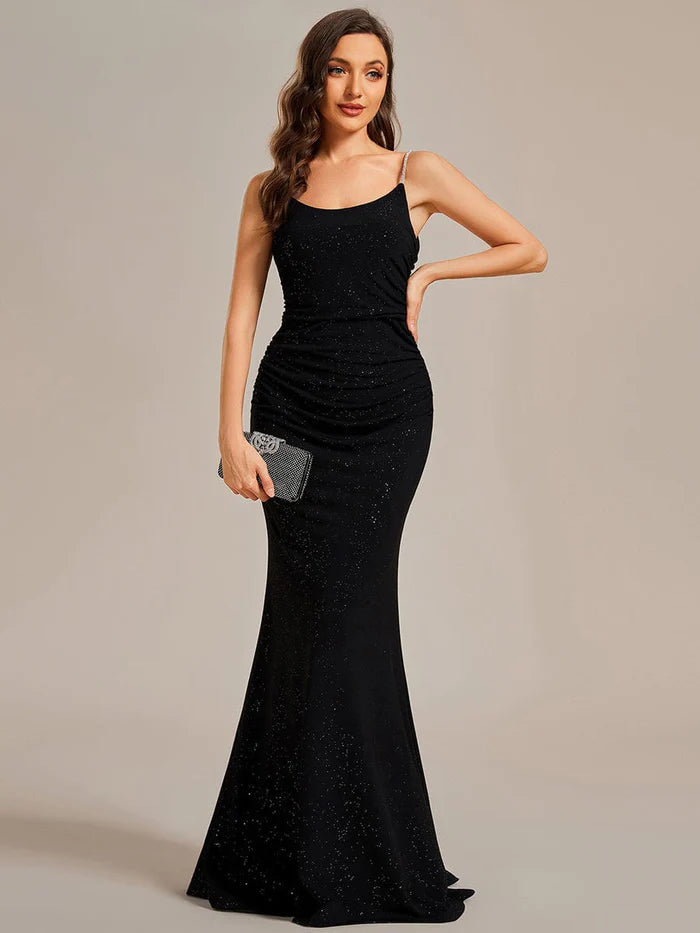 Pleated-Skirt Evening Dress -Sparkling Glitter Spaghetti Strap Open Back Bodycon Evening Dress