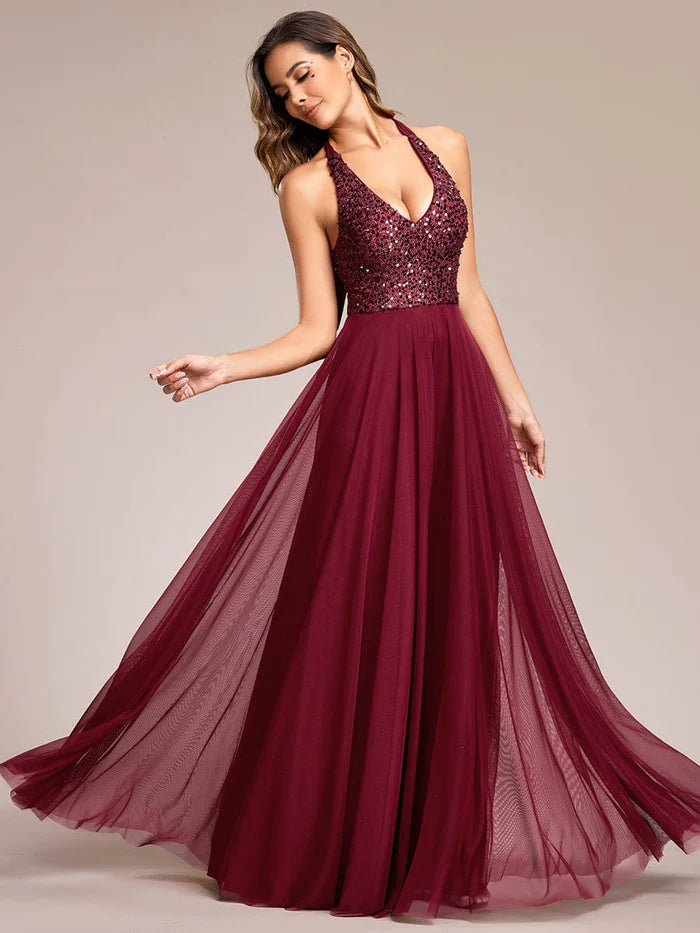 Weekend Evening Dress -Sparkling Sequin Halter Neck A Line Tulle Evening Dress