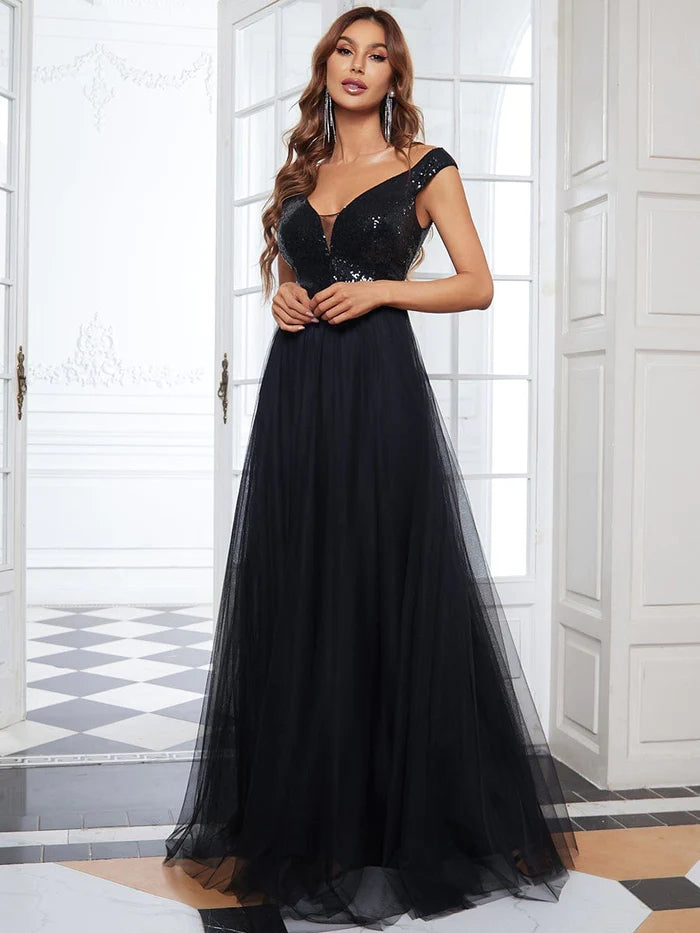 Mesh-Panel Evening Dress -Stunning High Waist Tulle & Sequin Sleevless Evening Dress