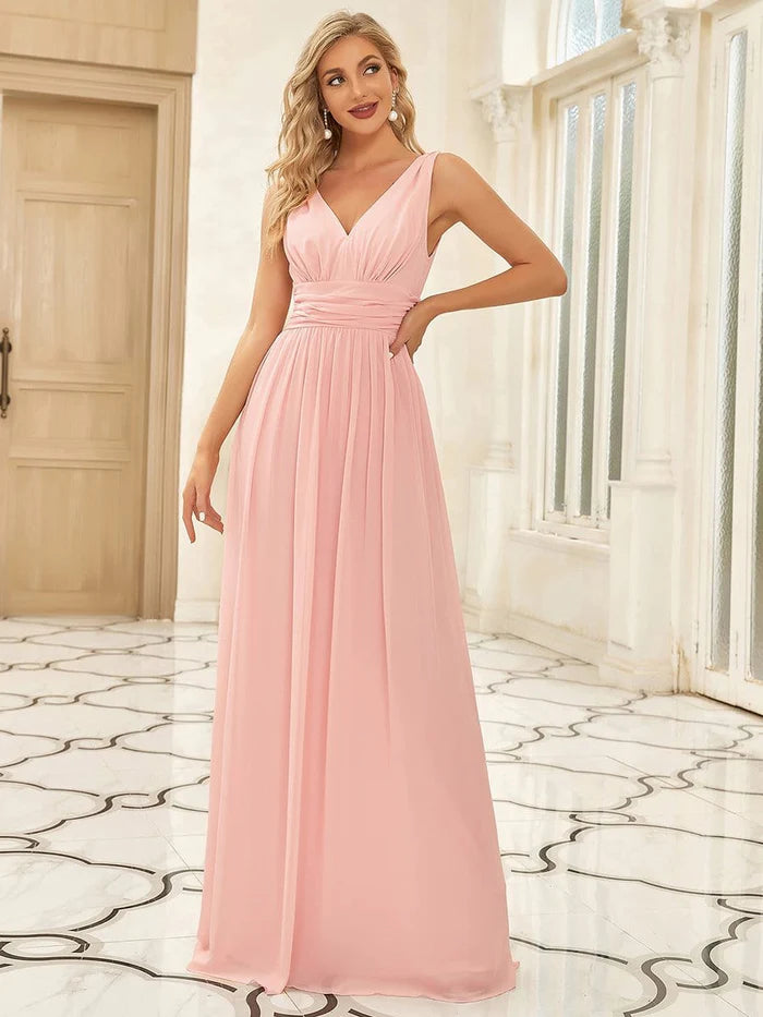 Cowl-Neck Evening Dress -V Neck Sleeveless Pleated Chiffon Evening Dress