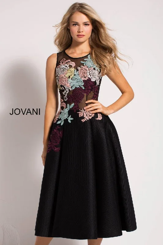 Thin-Silk Party Dress -Applique Short Sleeveless A-line Dress by Jovani 23695