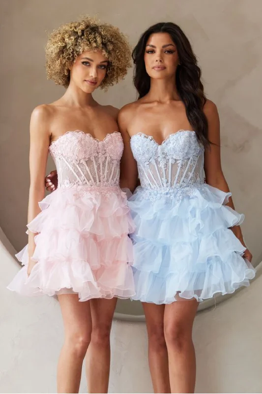 Scalloped Party Dress -Applique Short Strapless Ruffled Dress by Amelia Couture BZ9032S