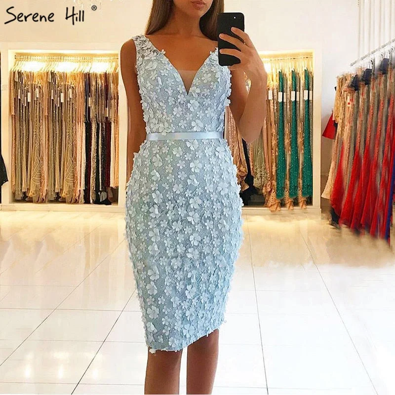 Blue V-Neck Sleeveless Cocktail Dress Handmade Flowers Pearls Elegant Evening Gowns LA6664