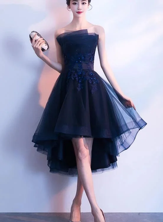 Art-Party Party Dress -Charming Navy Blue High Low Party Dress, Lace Applique New Style Prom Dress C635