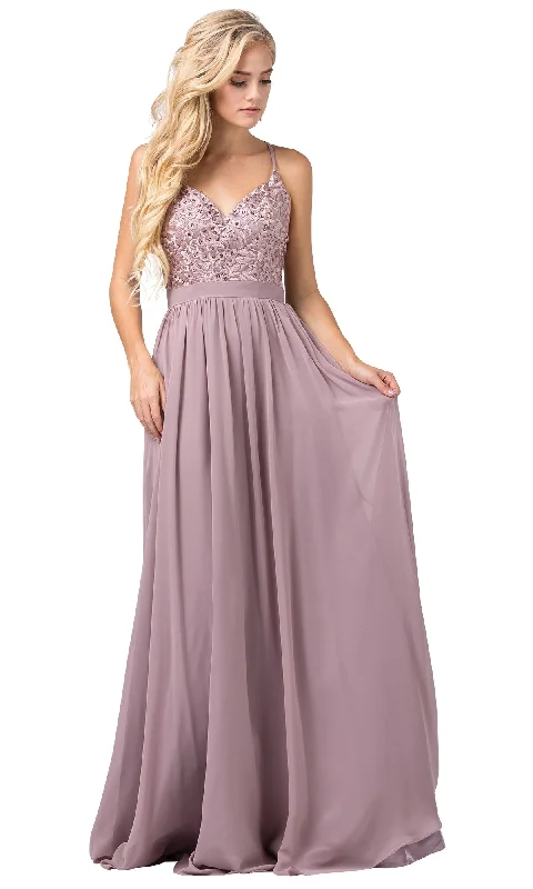 Button-Back Evening Dress -V-Neck Chiffon Formal Evening Dress with Embroidery